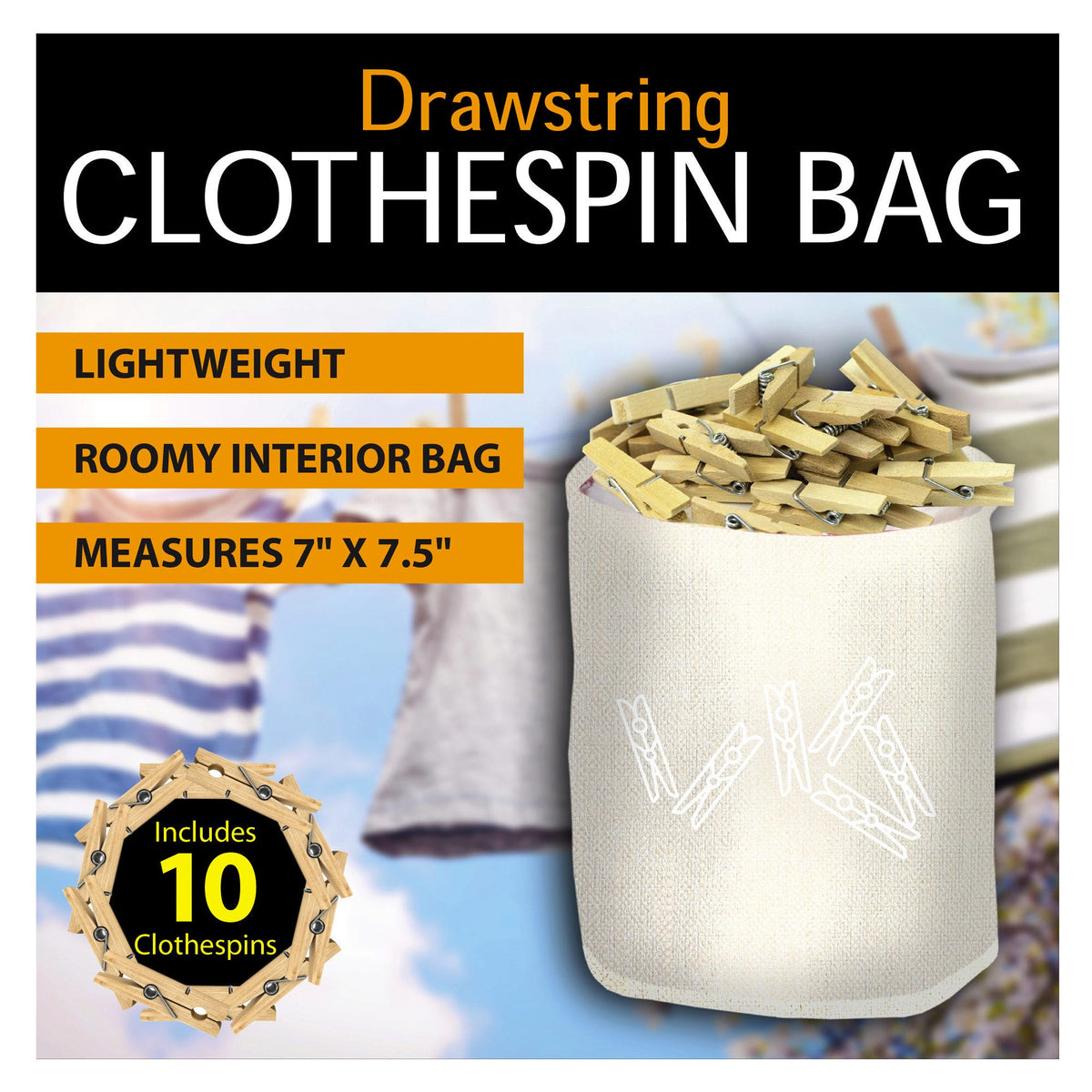 drawstring clothespin bags with 10 wooden pins - - -- 6 per box
