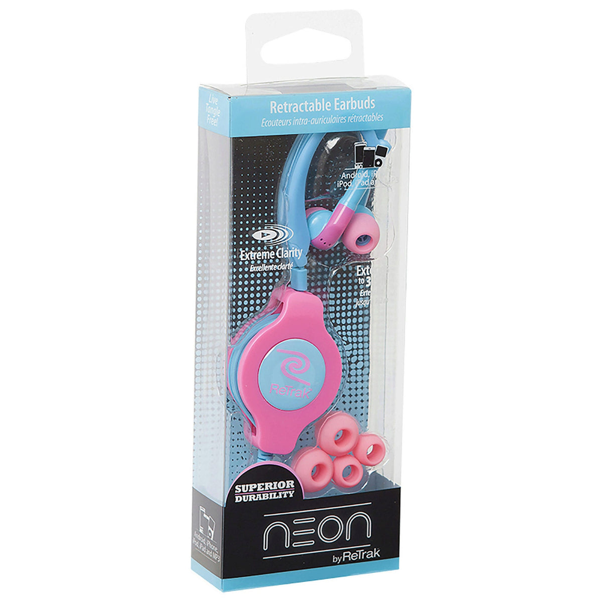 re trak retractable neon pink and blue sports earbuds -- 19 per box