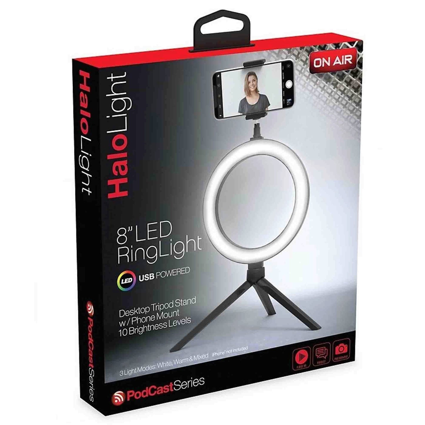 tzumi on air halo light 8 led ring light & tripod stand -- 4 per box