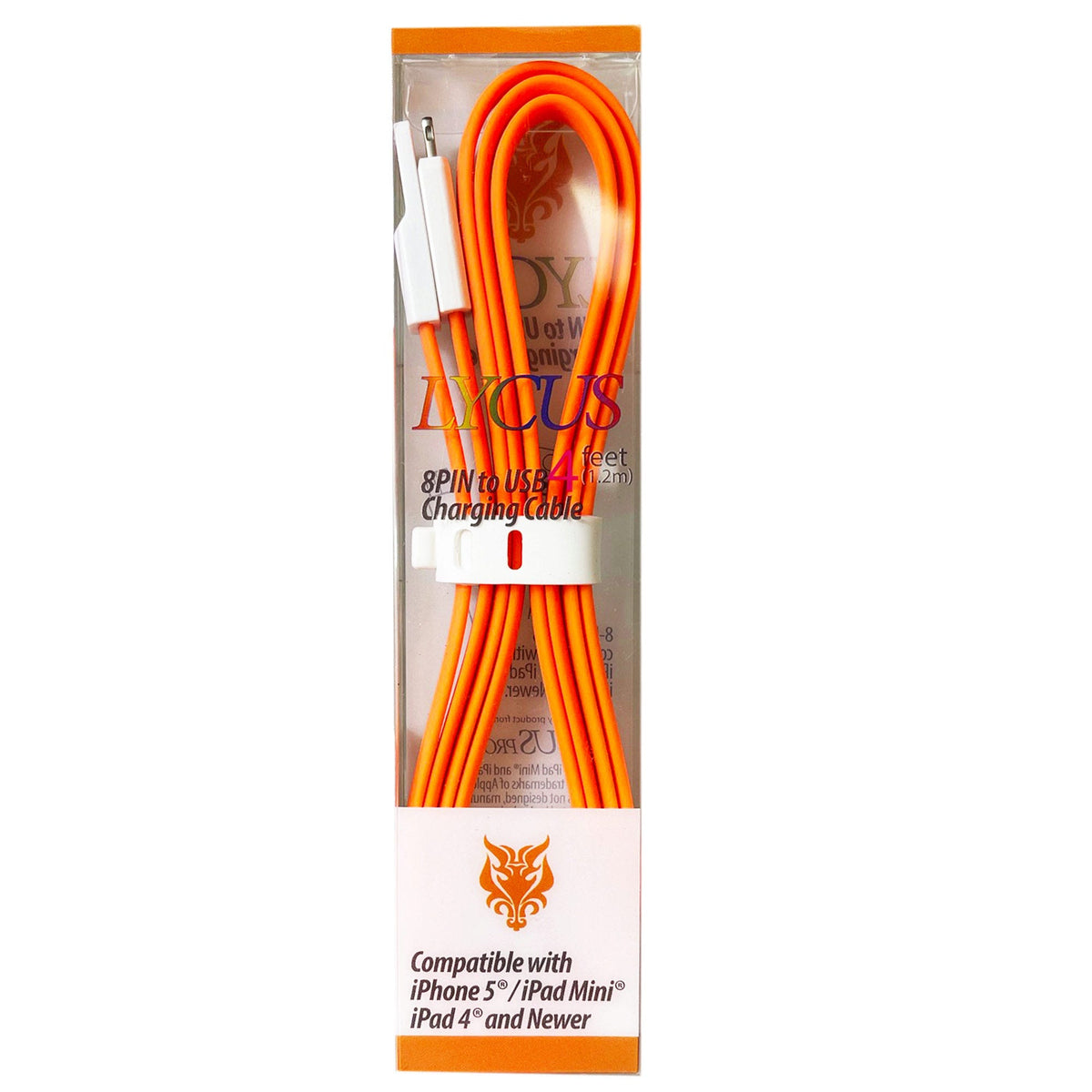 lycus 4 foot 8 pin iphone charging cable in orange - bulk -- 25 per box