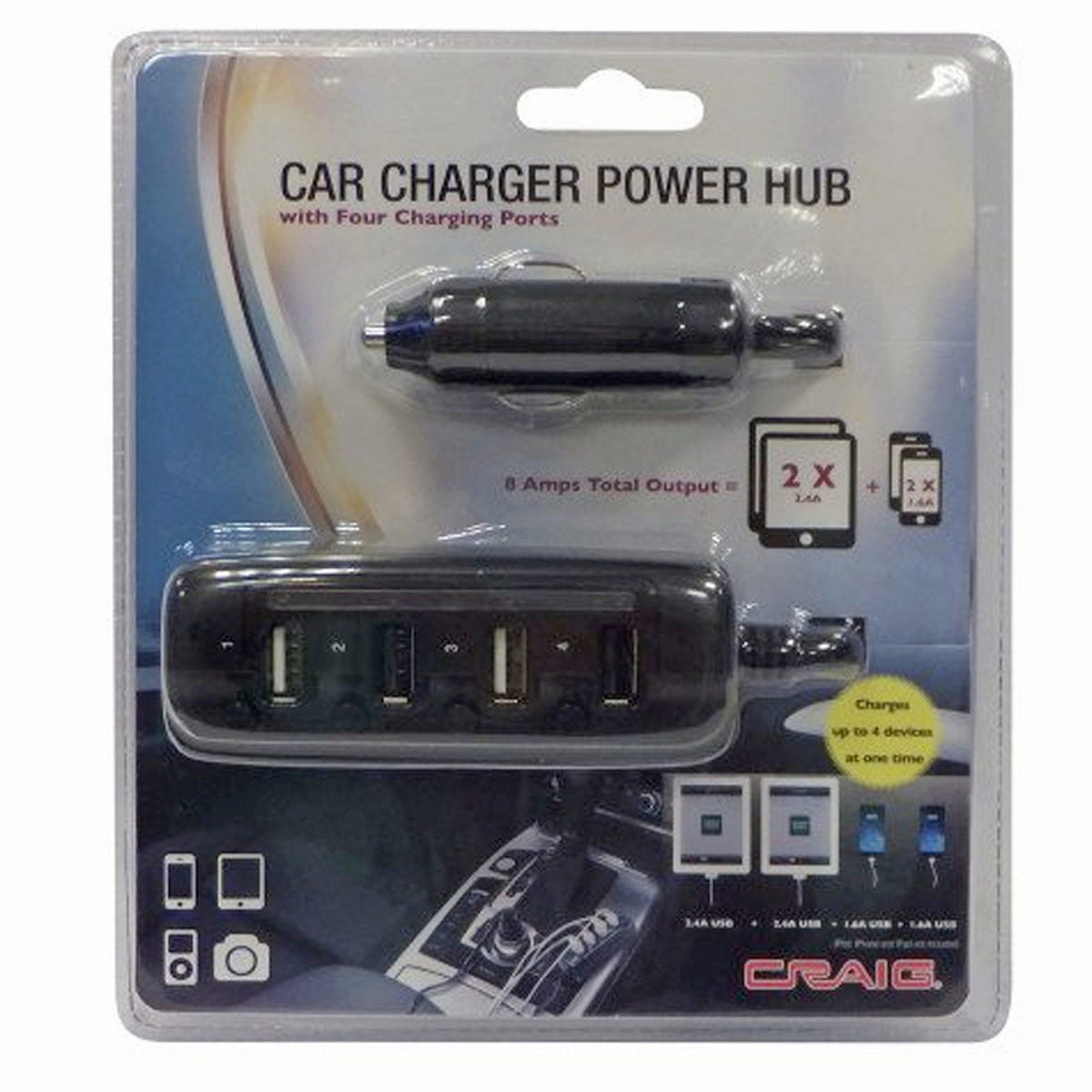craig 4 port usb car power hub - - -- 5 per box