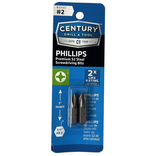 century drill & tool #2 phillips insert bits - 2 pack -- 5 per case