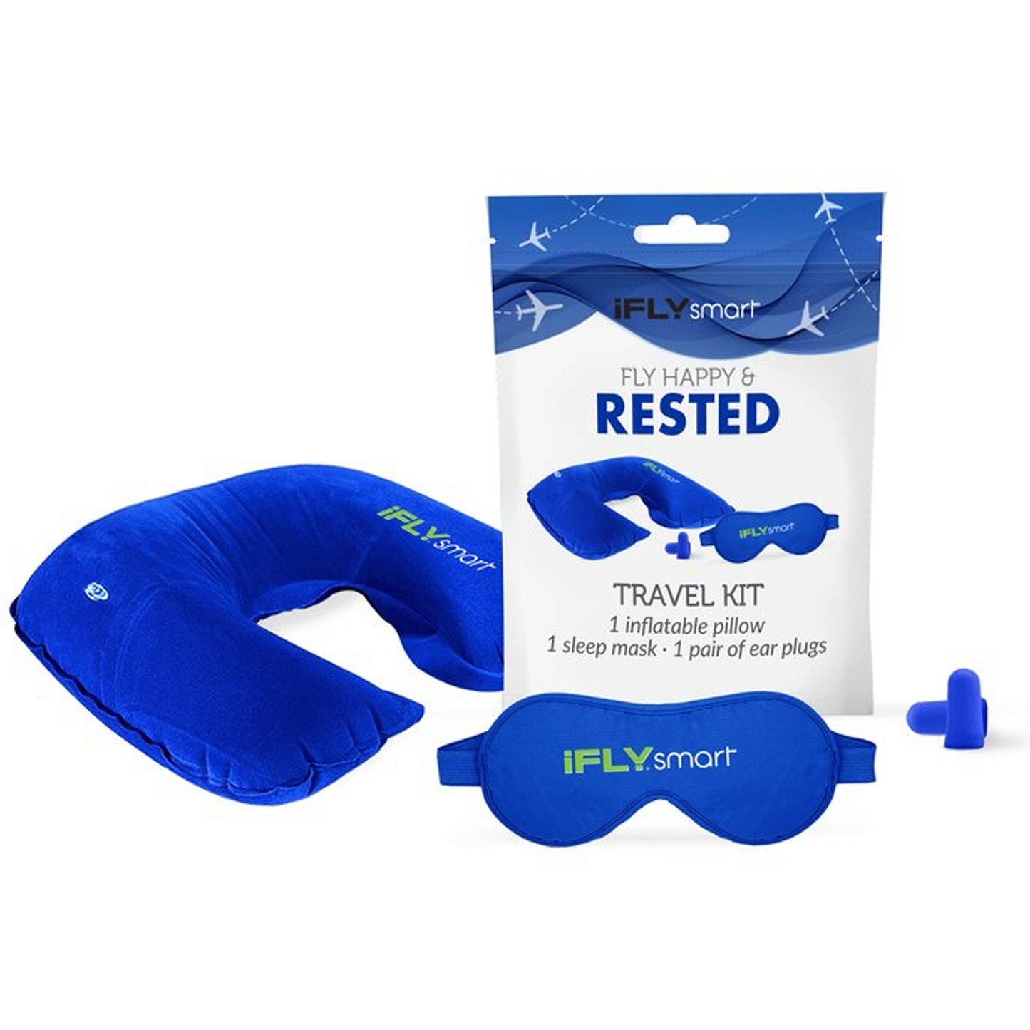 ifly smart travel rest kit - inflatable pillow, eye mask & ear plugs -- 25 per box