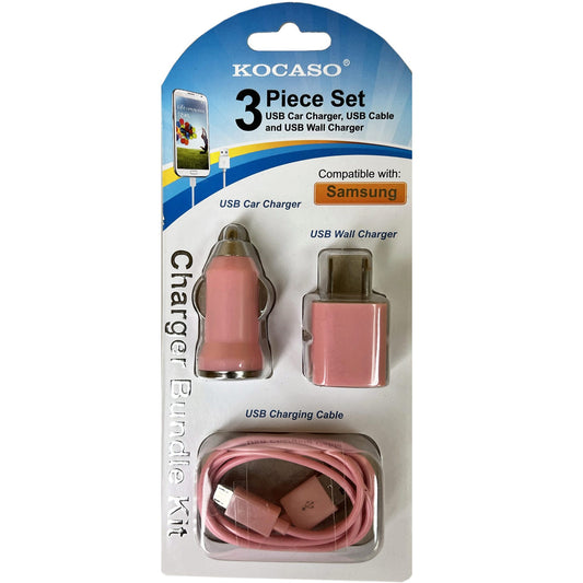 3 piece micro usb wall & car charger set in pink -  -- 14 per box