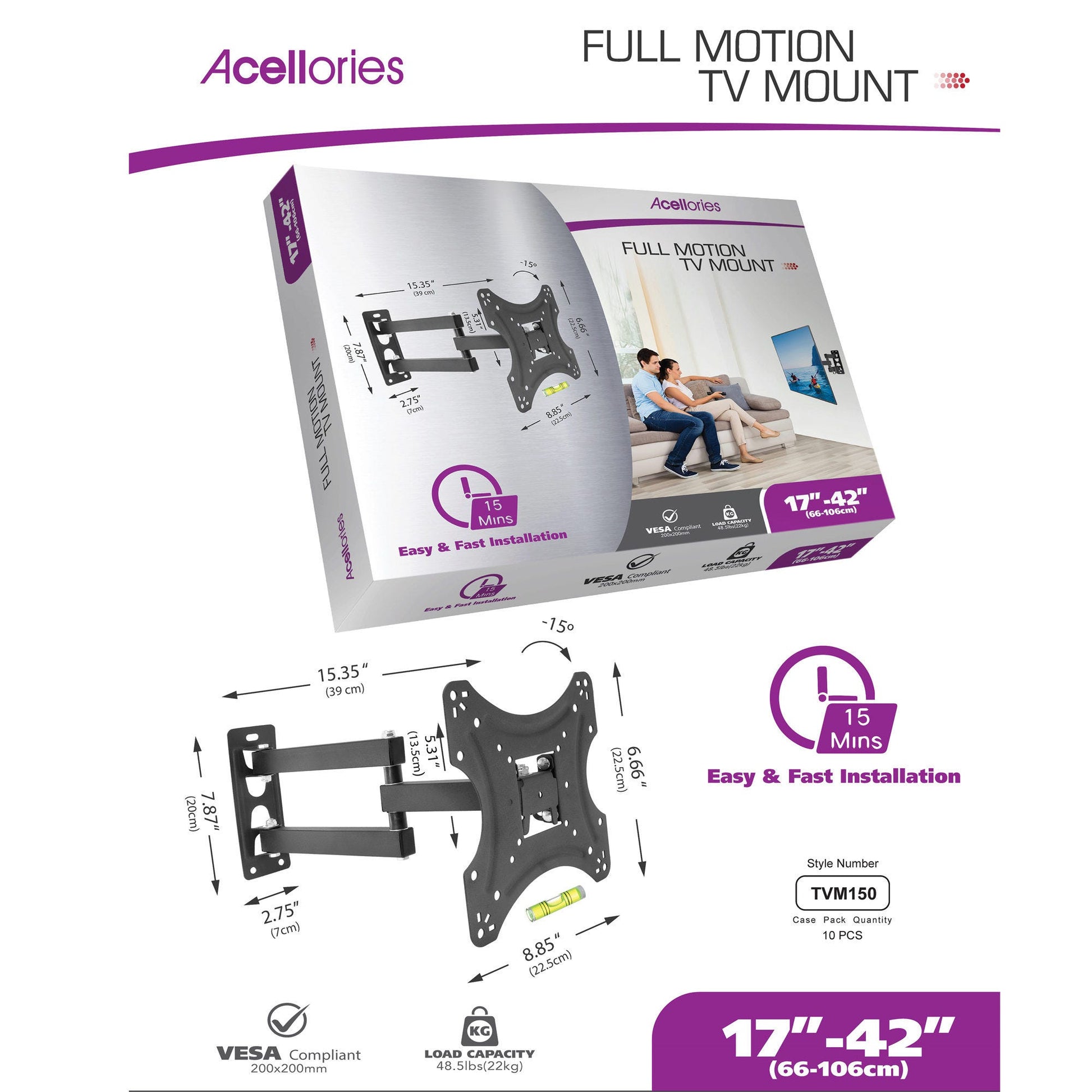 acellories full motion tv mount 17-42 - easy installation -- 3 per box
