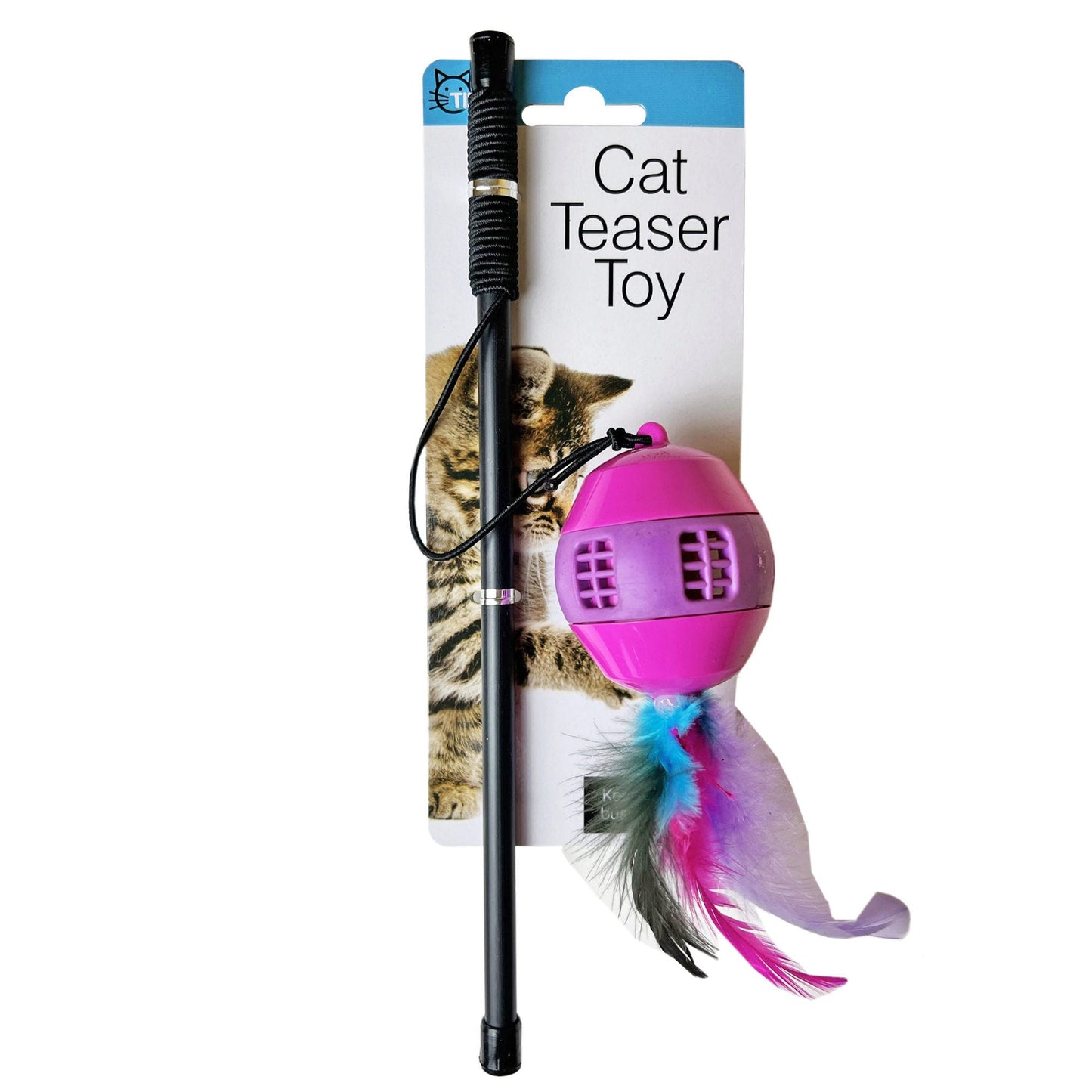 cat teaser toy - stretchable band with ball & feathers -- 16 per box