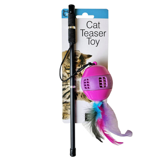 cat teaser toy - stretchable band with ball & feathers  -- 16 per box
