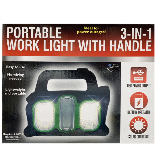 portable solar powered work light with rechargable batteries -- 3 per box