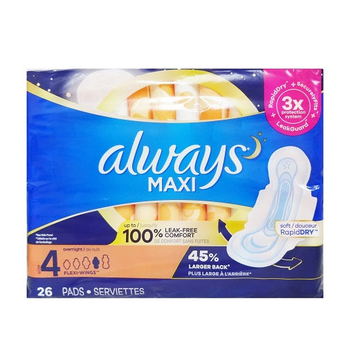 always maxi pads 26ct overnight w- wings -- 6 per case