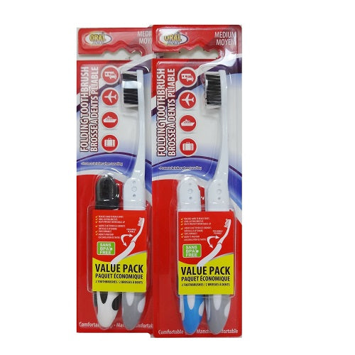 toothbrush folding 2pk med asst clrs -- 12 per box