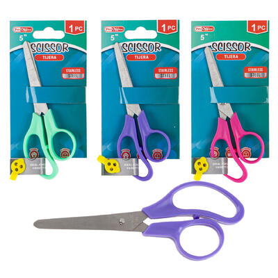 scissors w plastic handle- 5 - 3 assorted colors -- 72 per case