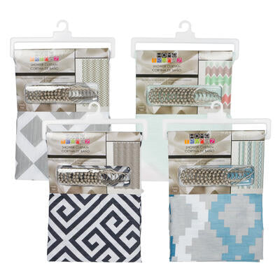 fabric shower curtain w hooks- 71 - 4 assortments -- 24 per case