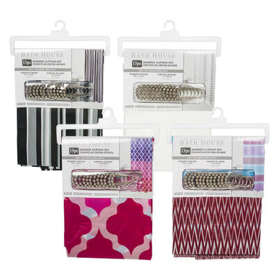 shower curtain w hooks- 71 x71 - 4 assortments -- 24 per case