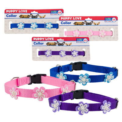 dog collars with flowers - 3 assorted colors -- 48 per case