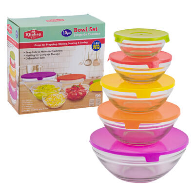 10-piece bowl set with assorted color lids - -  -- 12 per case