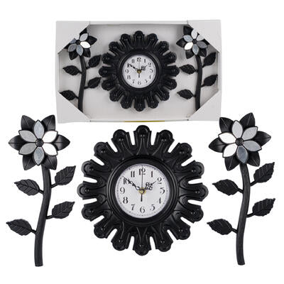 wall clock set with flowers - 10 inch - black -- 6 per case