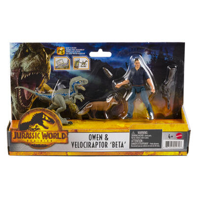jurassic world owen and dinosaur action figure set -- 3 per case