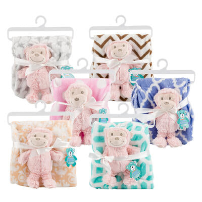 plush blanket with monkey plush - 30x40 -  -- 24 per case