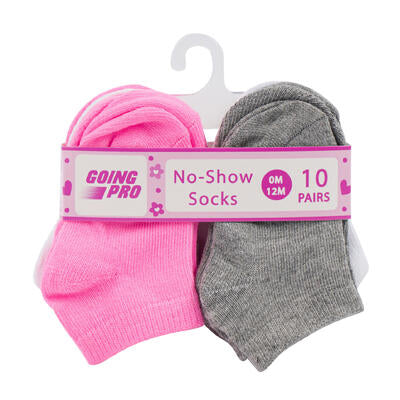 girls no show socks - 10 pack - sizes 0-12m - bulk  -- 48 per case