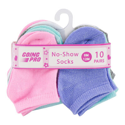 girls no show socks - 10 pack - sizes 0-12m - bulk  -- 48 per case