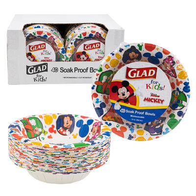 mickey mouse 40pc glad paper bowls- 12oz -- 8 per case