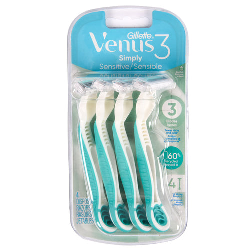 gillette venus simply 3 sensitive razors 4 ct -- 4 per case