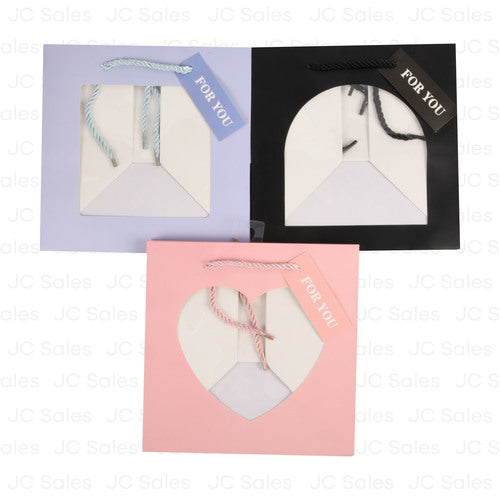 wide gift bag w clear shaped window 3 asst colors 23x23x20cm -- 12 per box