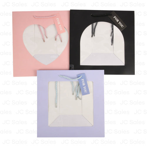 wide gift bag w clear shaped window 3 asst colors 32x32x20cm -- 12 per box
