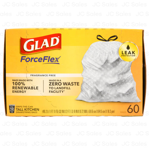 glad drawstring tall kitchen bags 13 gal 60 ct -- 6 per case