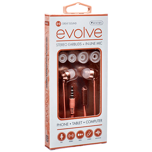 sentry stereo earbuds w mic evolve asst clrs -- 12 per box