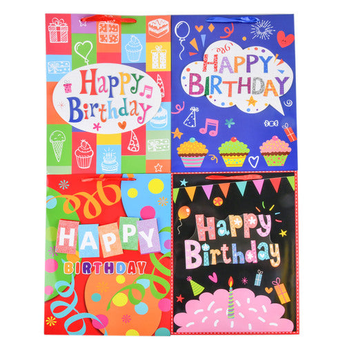 happy birthday gift bags - bulk - large assorted colors  -- 12 per box