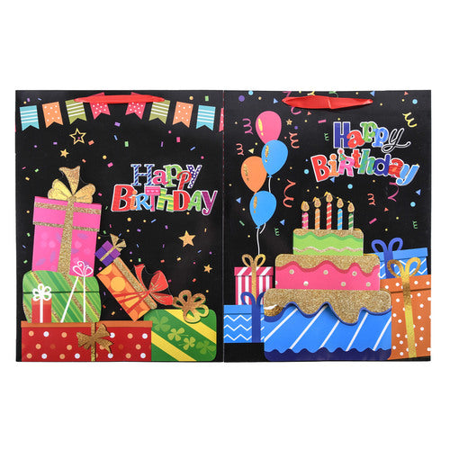 large happy birthday gift bags  - assorted designs - party supplies -- 12 per box