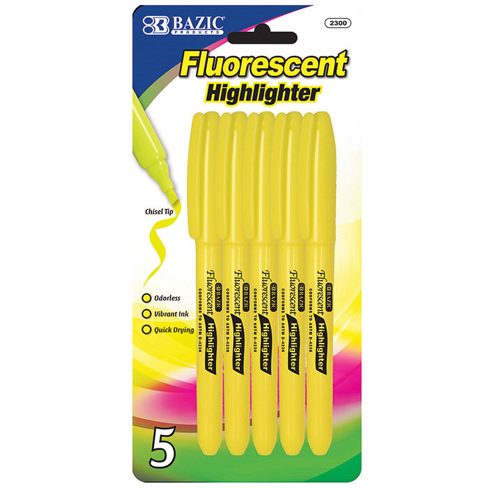 bazic yellow highlighters with pocket clip - 5/pack -  -- 24 per box