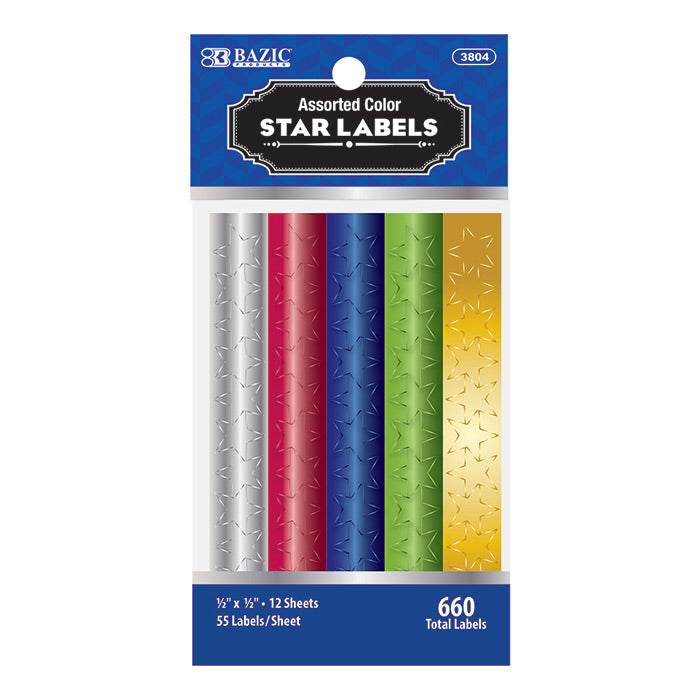 bazic assorted color foil star labels - aa pack  -- 24 per box