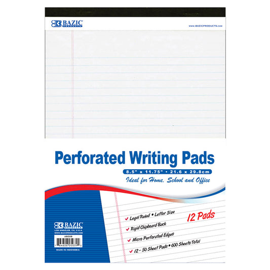 bazic white perforated writing pads - 8.5x11.75 - 50 sheets - 12/pack - 6/case -- 6 per case
