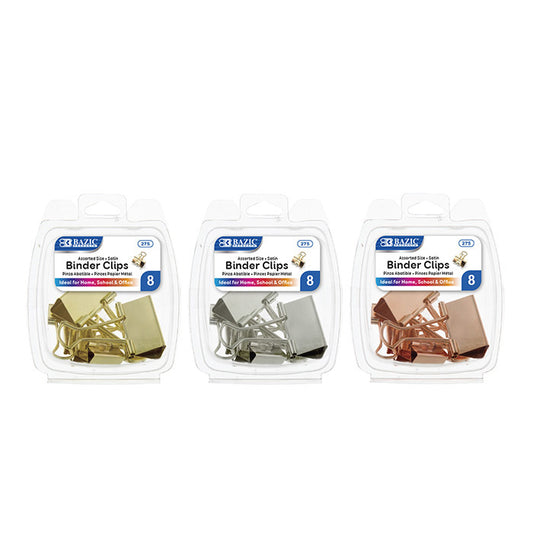 assorted size satin binder clips - 8 pack - bulk -- 24 per box