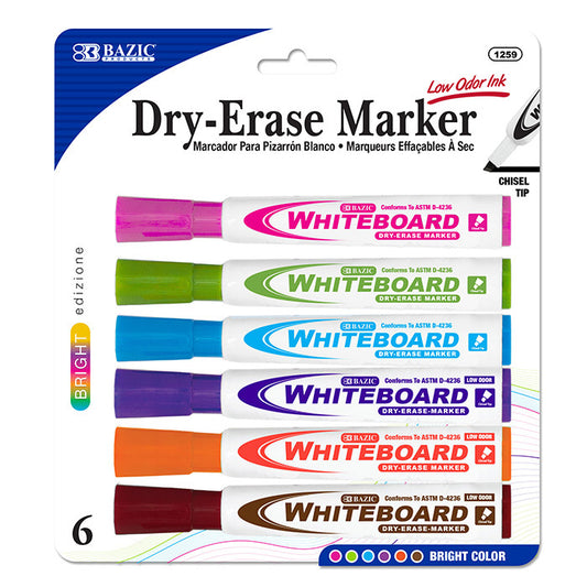 bazic bright colors chisel tip dry-erase markers - 6 / pack -- 12 per box