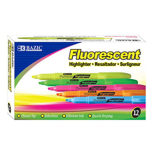 bazic pen style fluorescent highlighter with pocket clip - zz box -- 12 per box
