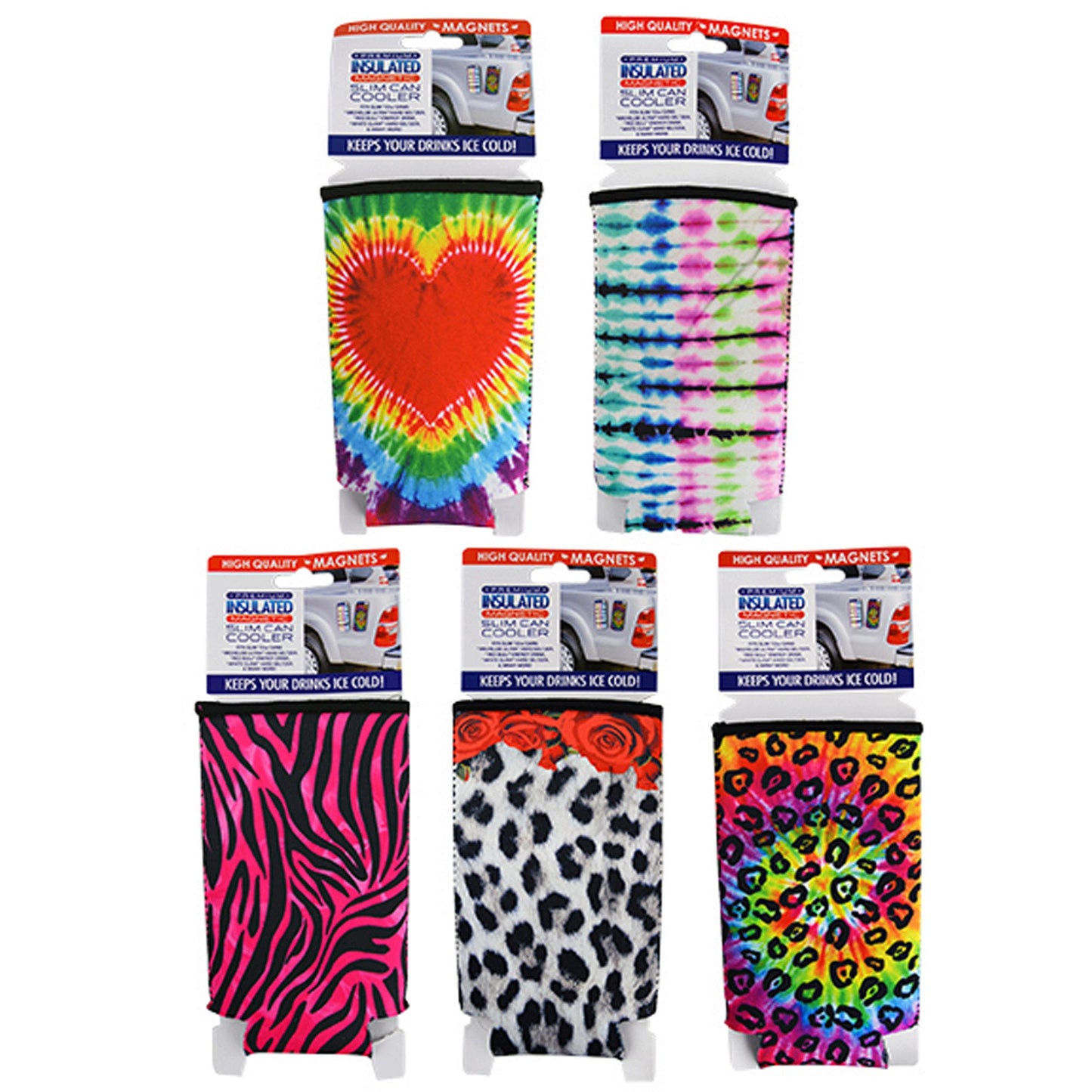slim can insulator cooler with magnetic holder in assorted designs -- 28 per box