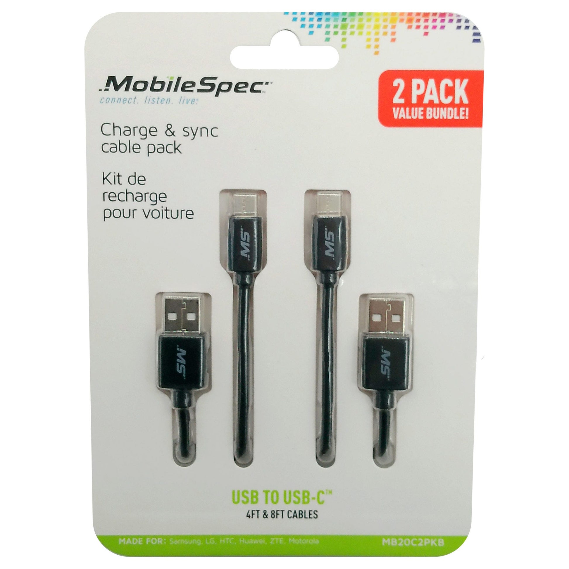 mobile spec 2 pack usb type c cable 4 foot and 8 foot in black -- 10 per box