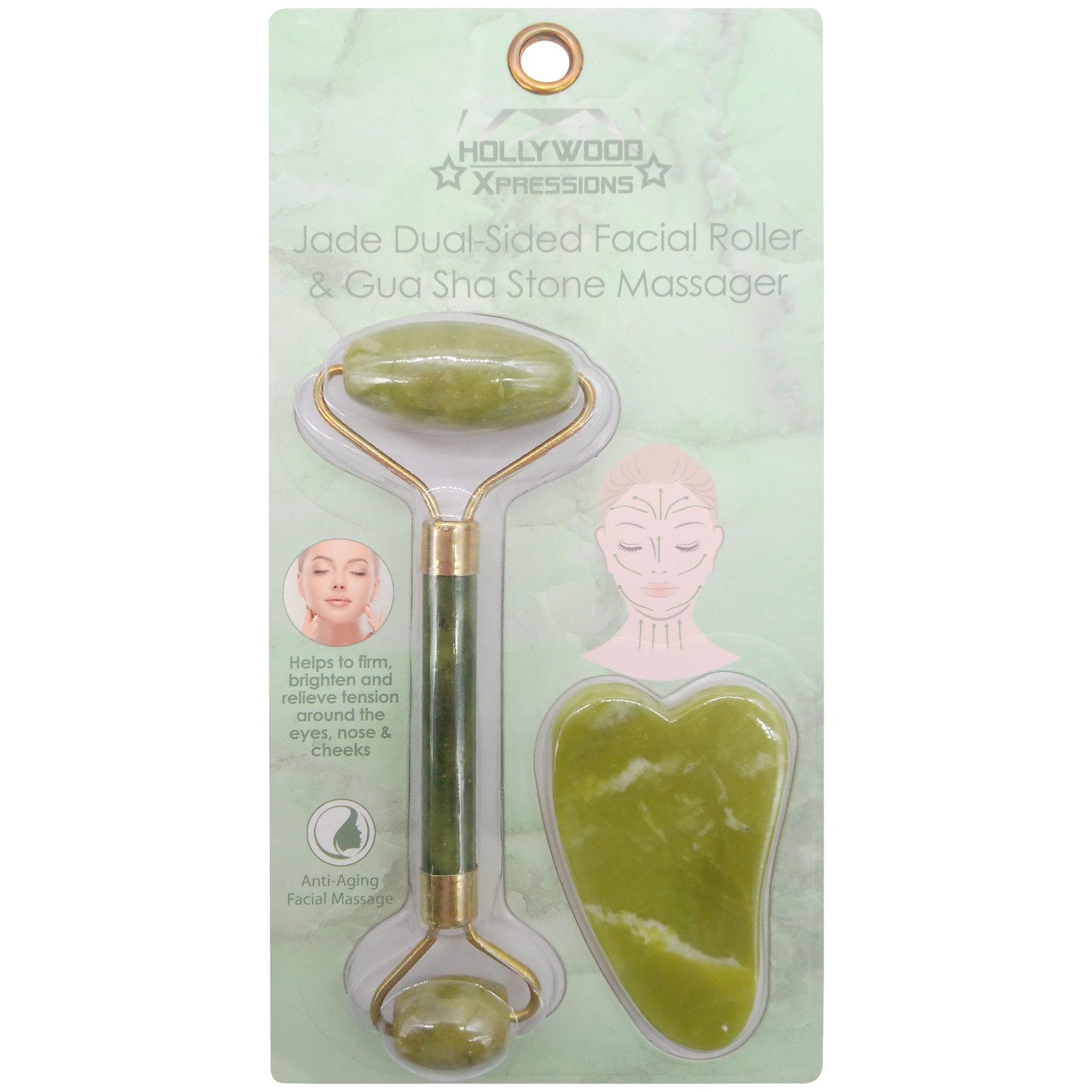 jade dual- sided facial roller and gua sha stone massager set -- 14 per case