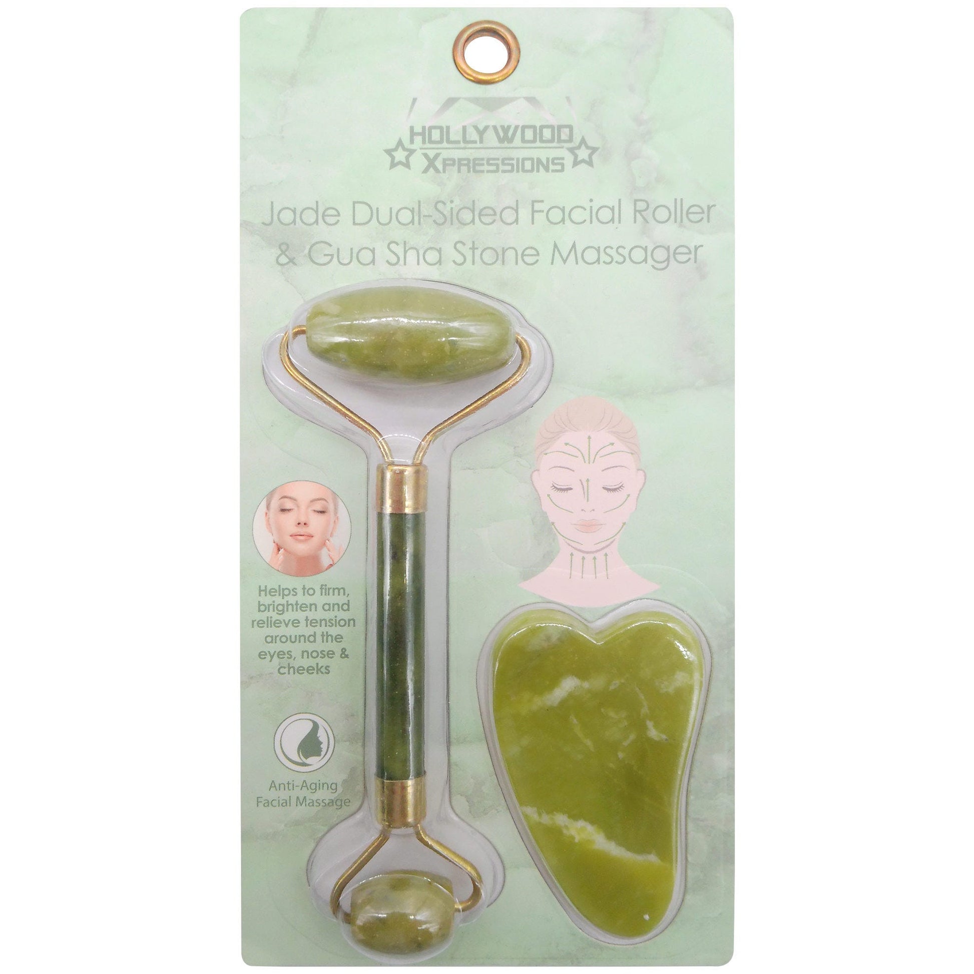jade dual- sided facial roller and gua sha stone massager set -- 14 per case