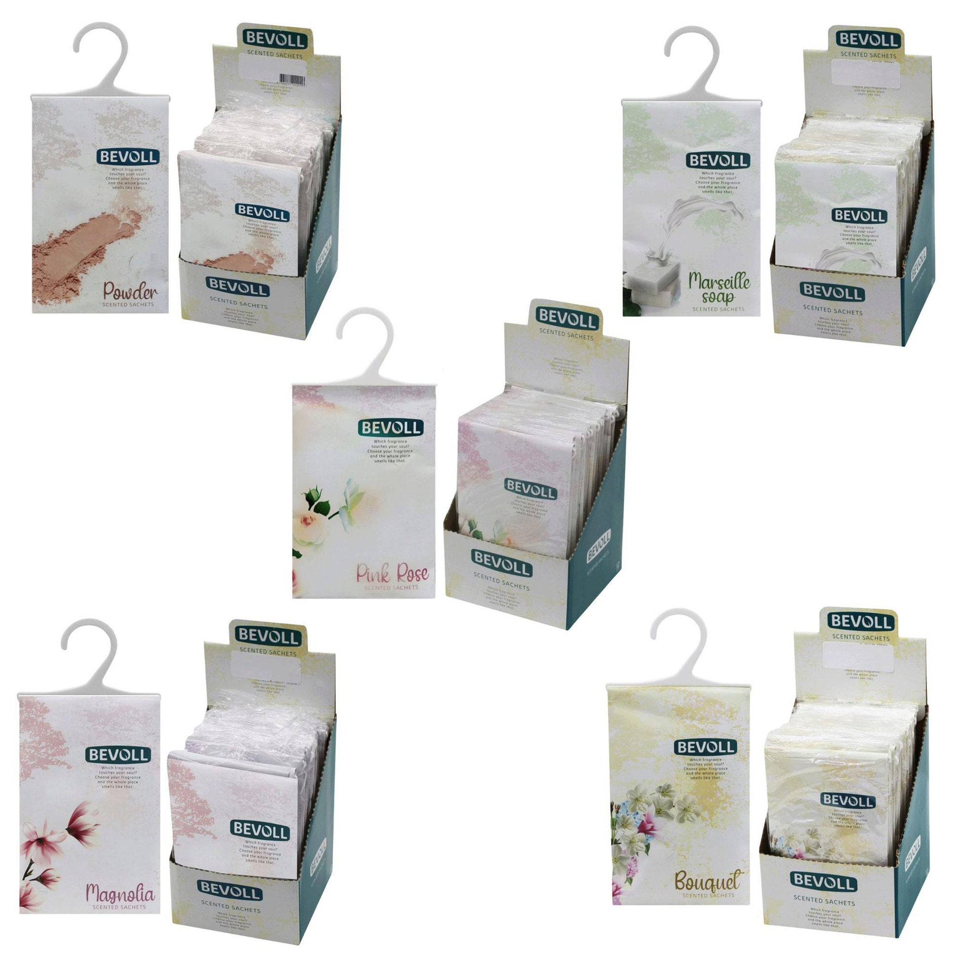 bevoll assorted scents hanging sachet bags in pdq display -- 48 per box