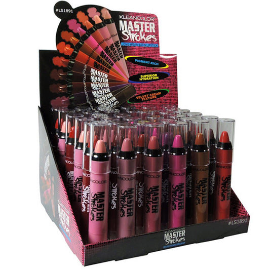 klean color master strokes long wear satin lipstick in assorted colors in display -- 72 per box