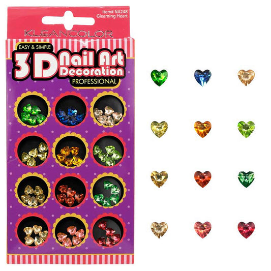 klean color 3d gleaming heart nail decoration in assorted colors -- 48 per box