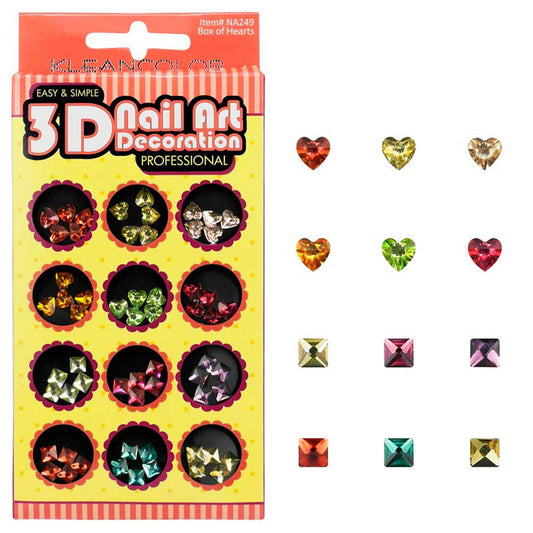 klean color 3d box of hearts nail decoration in assorted colors -- 48 per box