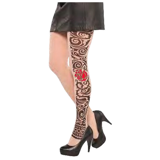 side leg tribal tattoo and rose print pantyhose -- 12 per box