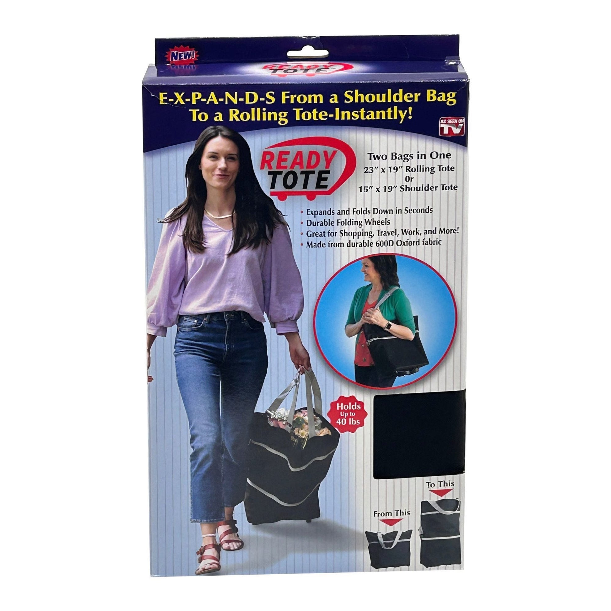 ready tote expanding tote bag with fold away wheels -- 4 per box