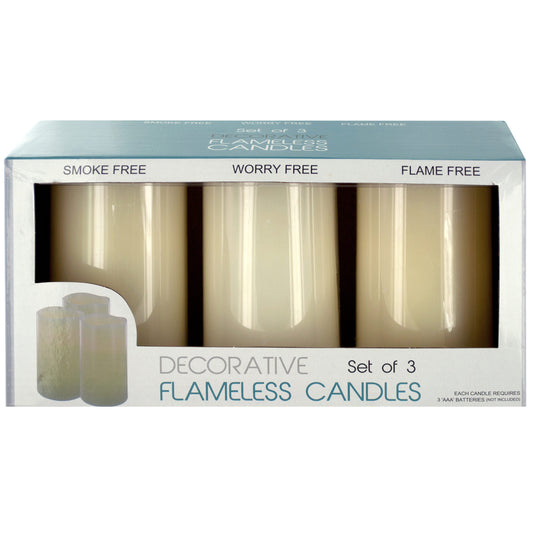 decorative flameless vanilla pillar candles  -- 3 per box