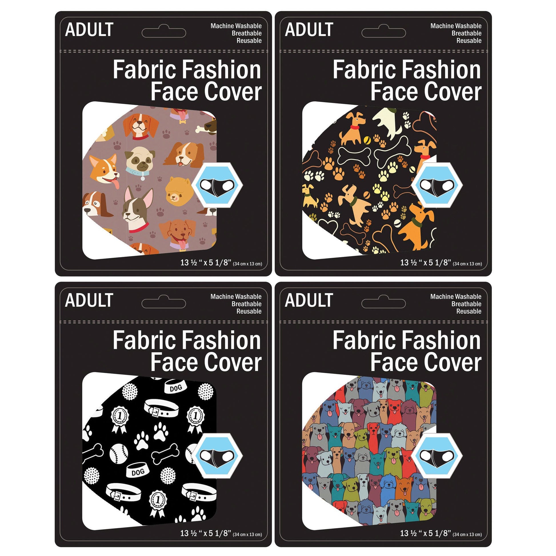 dog design washable face masks - 4 assorted adult sizes - bulk 2500 -- 34 per box